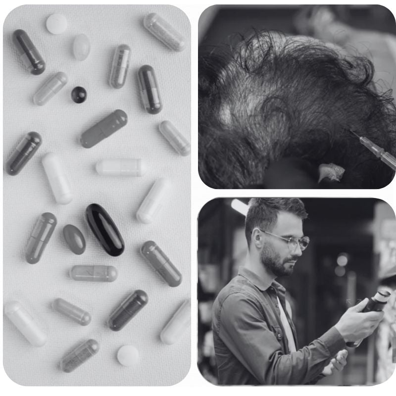 Three panels: left capsules and pills; top-right syringe injecting scalp; bottom-right man reading a bottle in store.