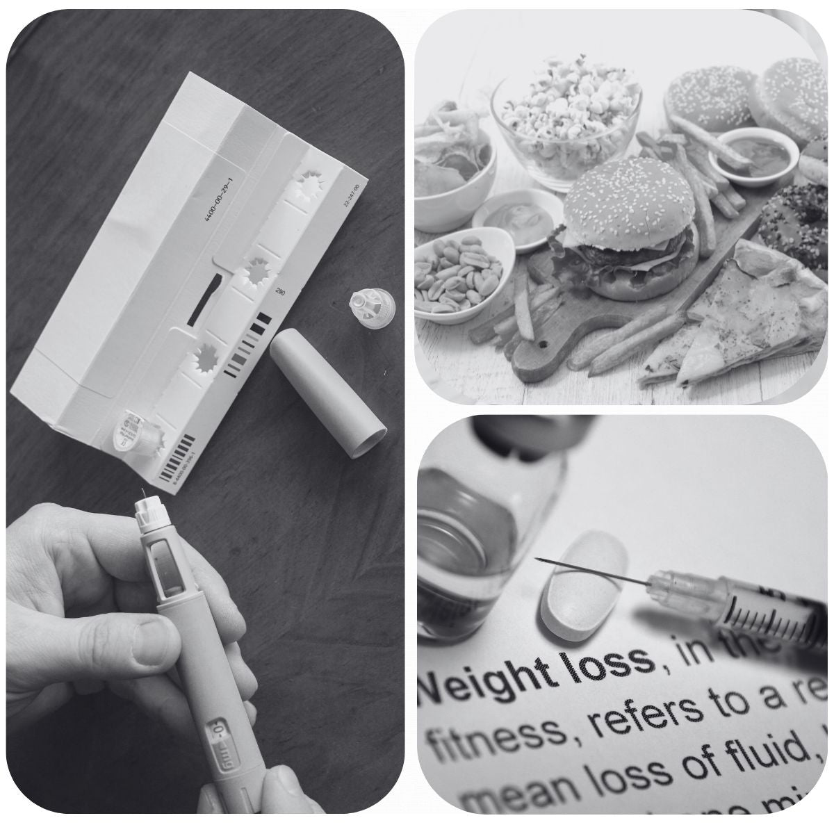 Collage: diabetes pen; fast-food; syringe and pill on text 'Weight loss, in the fitness, refers to a mean loss of fluid,'