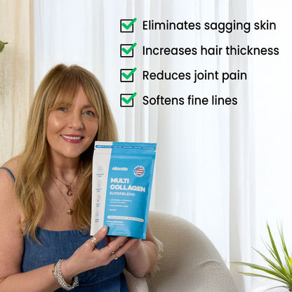 Woman holding Elavate Multi Collagen Superblend pouch beside checklist listing skin, hair, joint and fine-line benefits.