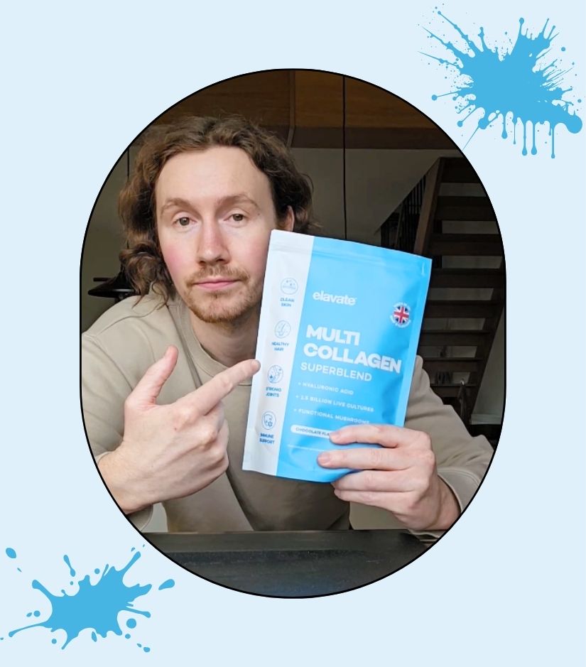 Man pointing to blue elavate pouch labeled MULTI COLLAGEN SUPERBLEND.
