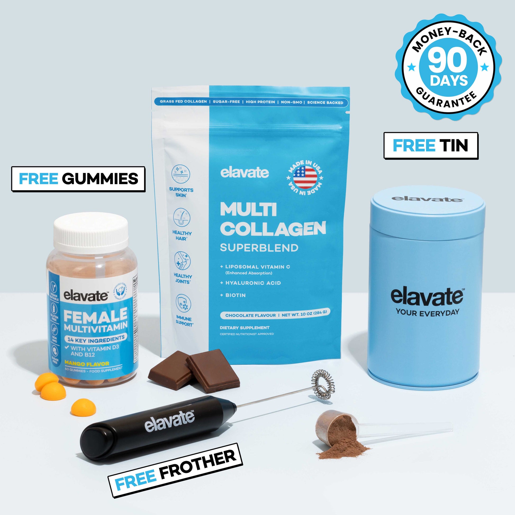 Multi-collagen pouch, female multivitamin bottle with gummies, blue tin, chocolate squares, powder scoop and frother