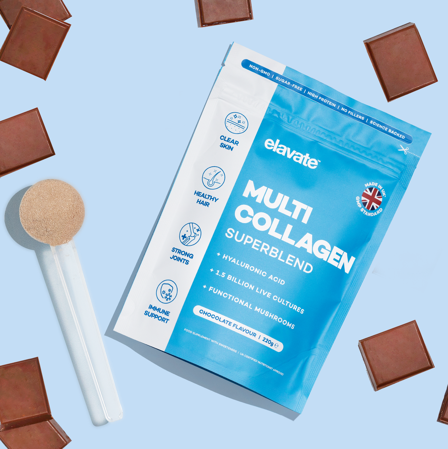 elavate Multi Collagen Superblend pouch, chocolate flavour, with scoop of powder and chocolate squares