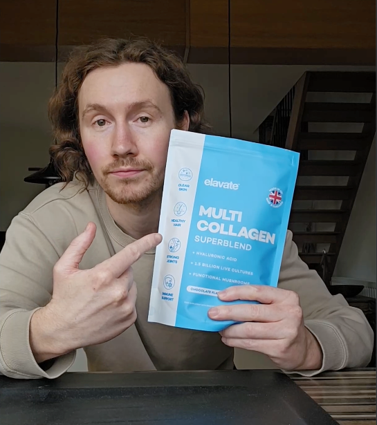 Man pointing to packet: elavate MULTI COLLAGEN SUPERBLEND, HYALURONIC ACID, 2.5 BILLION LIVE CULTURES, FUNCTIONAL MUSHROOMS