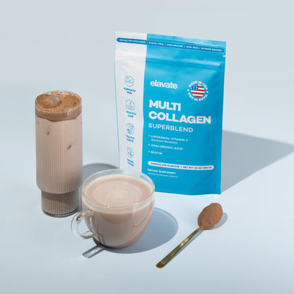 elavate Multi Collagen Superblend pouch with a glass and mug of chocolate collagen drink and a spoon of powder