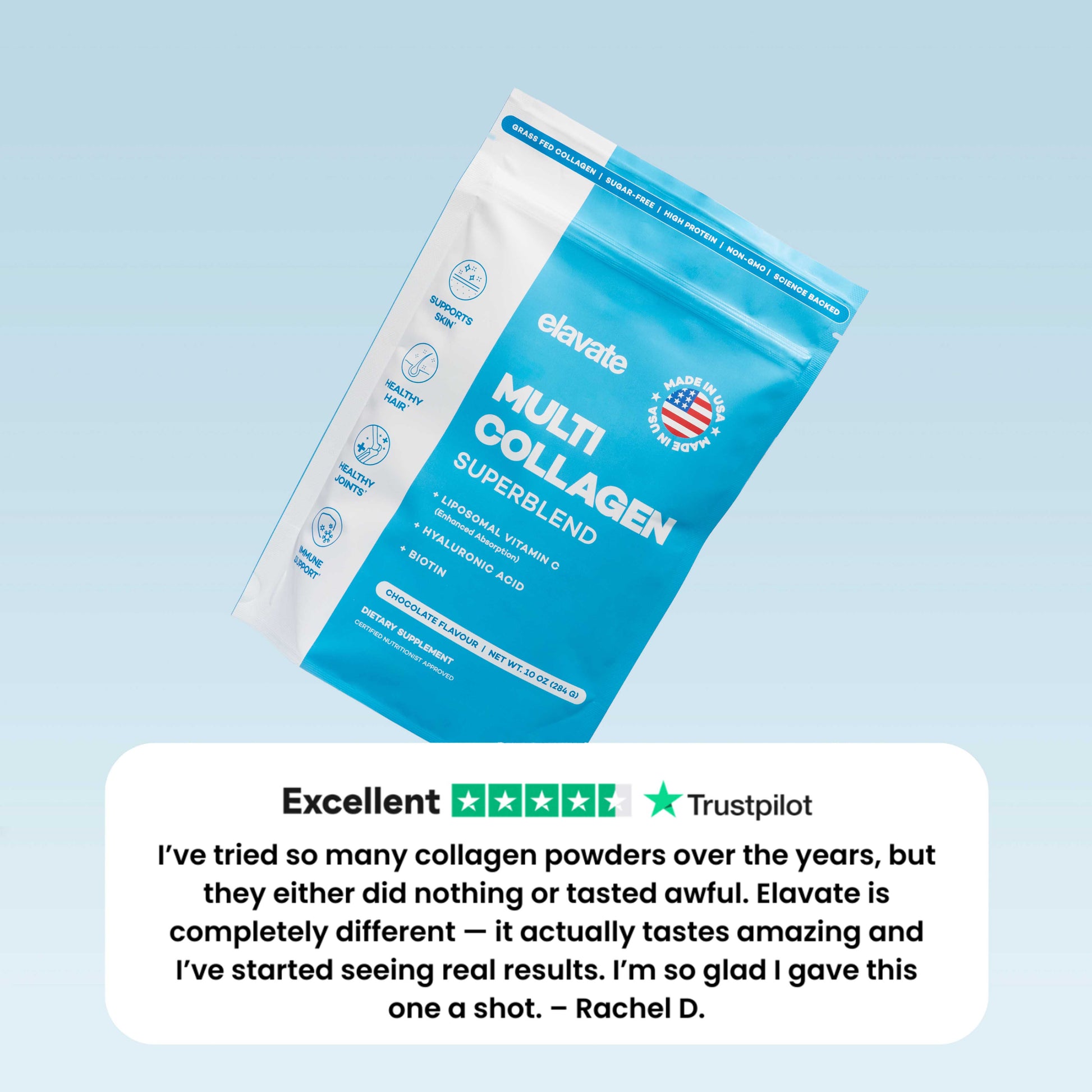 Blue Elavate pouch of collagen powder, chocolate flavour, 'Made in USA' badge and benefit icons.